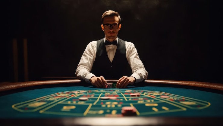 Live Bandar Poker dealer at table with multi-camera angles showing cards and player positions